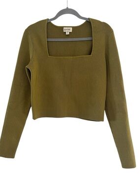 Open Edit Olive Ribbed Square-Neck Crop Top NWOT